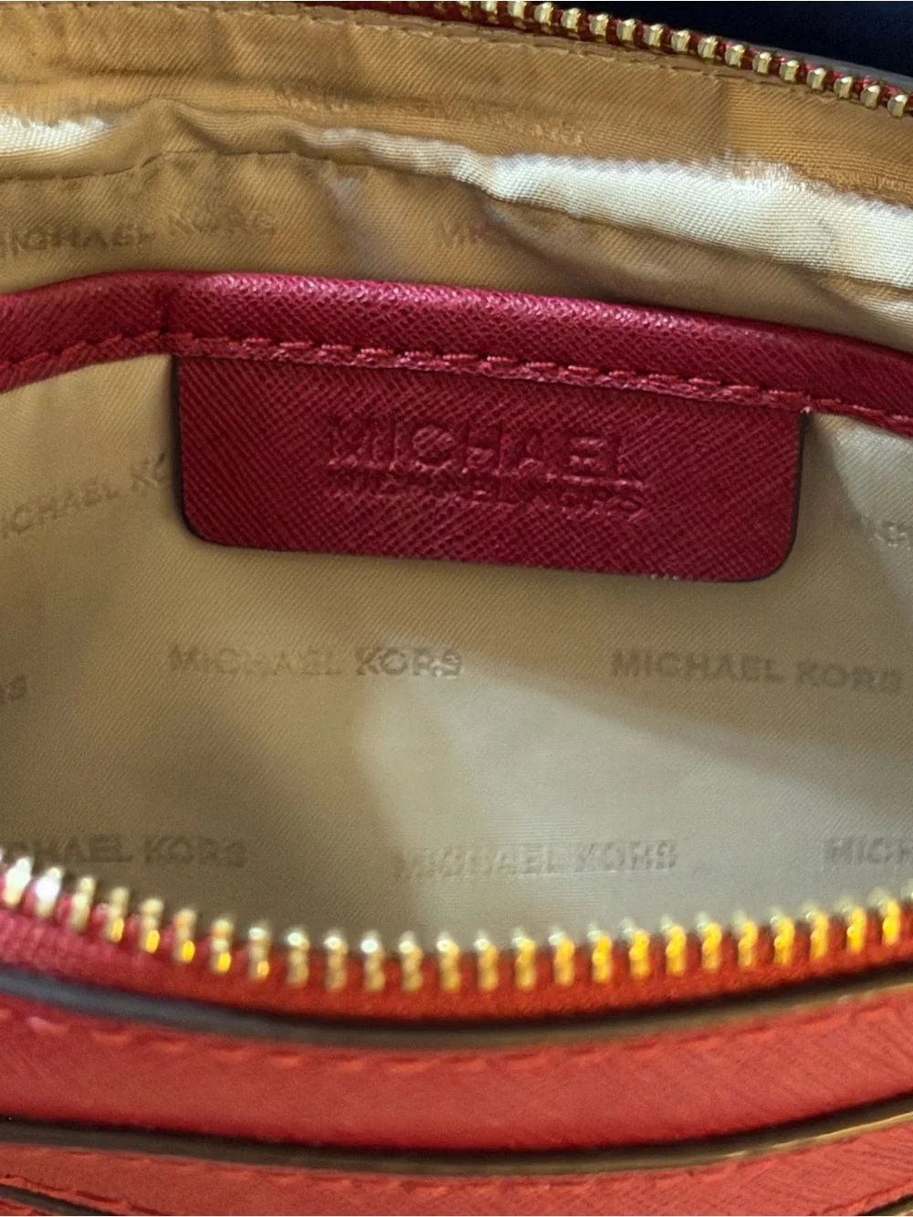 Michael Kors Large EW Saffiano Leather Crossbody Bag Cherry Red Gold Chain